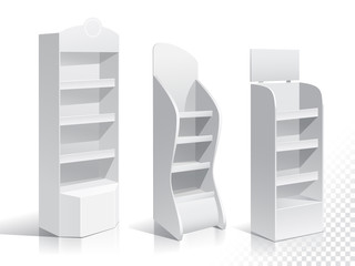 White Empty Displays With Shelves Products.Display on Isolated white background. Mock-up template. Product Packing Vector