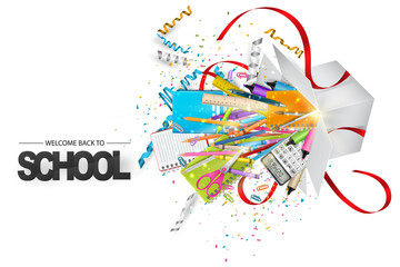 Welcome back to school background. Open white present box with red bow tape and study supplies. First day of education celebration concept. Vector illustration. 
