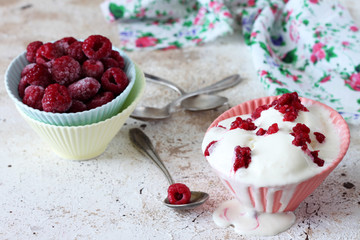 Vanilla ice cream with raspberries 