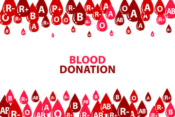 Blood donation design concept. Vector horizontal banner with top and down borders. Medical background with decoration from red drops with blood types