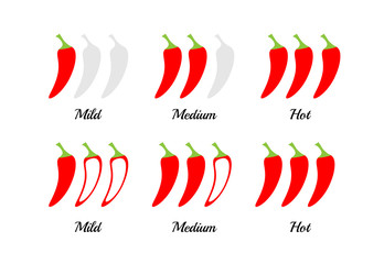 Chili pepper spicy levels. Vector isolated rating symbols.