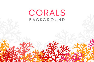 Corals reef background with horizontal border. Vector banner with underwater aquarium decoration elements.