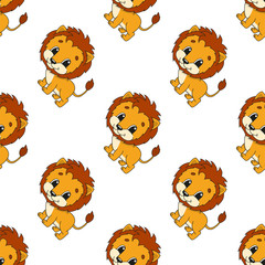 Obraz premium Happy lion. Colored seamless pattern with cute cartoon character. Simple flat vector illustration isolated on white background. Design wallpaper, fabric, wrapping paper, covers, websites.