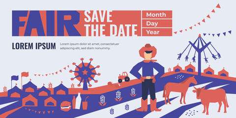 Vector detail illustration of State Fair. Event poster with food market, ferris wheel, farm animals, country fair. Design template for invitation, landing page, banner, print, flyer. Save the date.