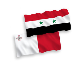 National vector fabric wave flags of Malta and Syria isolated on white background. 1 to 2 proportion.