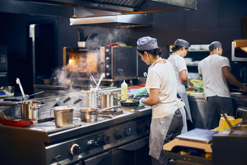 the team of cooks backs in the work in the modern kitchen, the workflow of the restaurant in the...