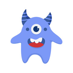 Cute monster with one eye and horns in blue colors isolated on white background. Cartoon character for children book. Vector illustration.