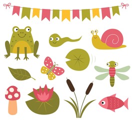 Pond cartoon clip art (a frog, water lily)