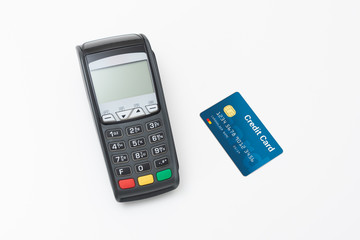 Credit card terminal on white background