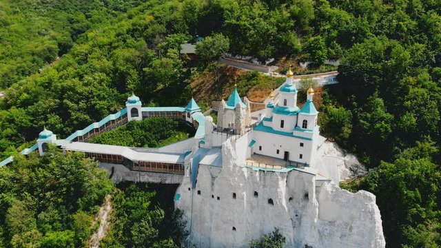Svaytogorsk lavra monastery hills panoramic view with green forest and Donets river at Donbass, Ukraine on bright sunny day
