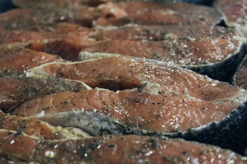 Raw sea fish steaks. Salmon with spices on a baking sheet. Raw fish prepared for the oven