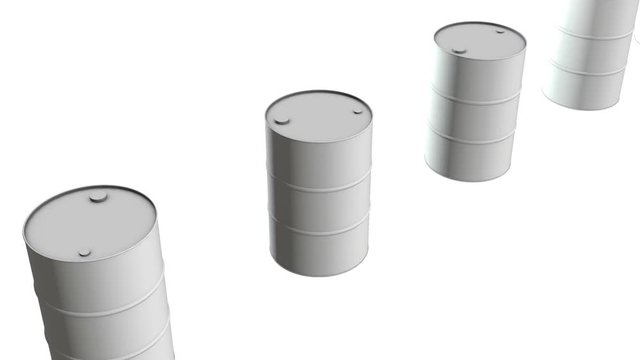 White blank metal barrel oil row. 3d render Video available in 4k FullHD and HD render footage