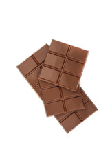 Whole chocolate bar and two halves isolated on white background.