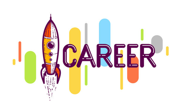 Career word with rocket instead of letter I, work and business concept, vector conceptual creative logo or poster made with special font.