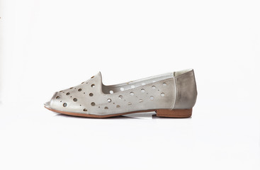 Silver woman shoes. Open toe shoes. Woman shoes isolated on white background