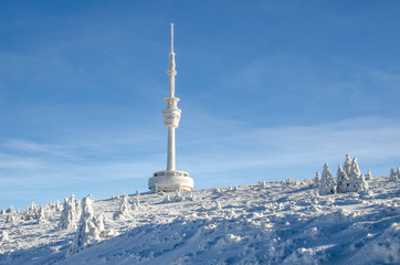 Fototapeta na wymiar Praded peak with transmiter covered by ice in winter time, Jeseniky, Czech Republic