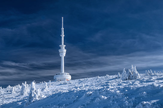 Praded peak with transmiter covered by ice in winter time, Jeseniky, Czech Republic