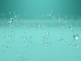 Science blue background with molecules, 3D render - high bio technologies.