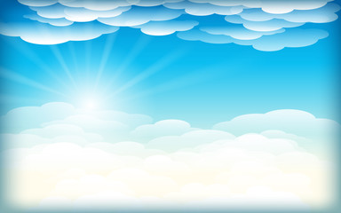 Fototapeta na wymiar Simple sky background with clouds and sun.vector background view above the clouds. glowing blue sky.Sun rays in the clouds. Eps10 Vector