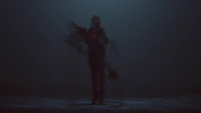 Futuristic Cyber Punk Demon Digital Virus in Long Boots Waving at Camera made out of lots of Small Cubes with Red Eyes and a Glowing Red Heart with a Swarm of Cubes 3d illustration animation
