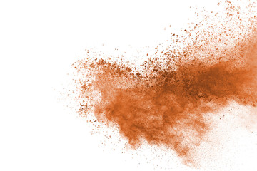 Brown color powder explosion on white background. Colored cloud. Colorful dust explode. Paint Holi. - obrazy, fototapety, plakaty