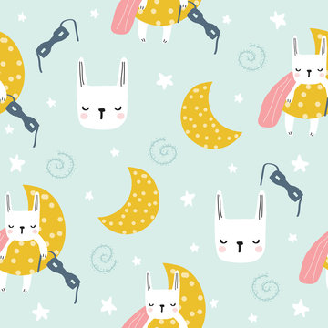 Pastel seamless pattern with bunny superhero sleeping on the moon. Trendy kids print. Vector hand drawn illustration.