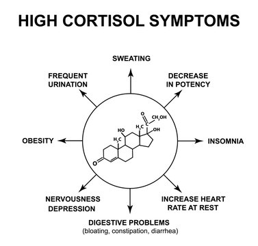 Symptoms of high cortisol. The stress hormone cortisol is a chemical molecular formula. Infographics. Vector illustration on isolated background.