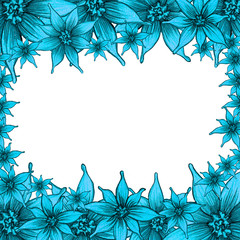 Flowers frame. Hand-drawn pencil turqoise flowers border. Design for woman day, wedding invitation,card. Empty space for text.