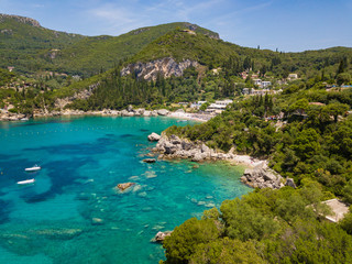 Aerial view to Glyko beach and Liapades beach. Photo from drone. Corfu island, Greece