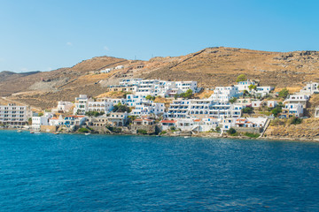 Fototapeta na wymiar Panoramic view of the traditional white houses of Kythnos aegean island in Cyclades, Greece