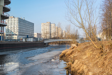 Fototapeta na wymiar Views of Smolenka river in St.Petersburg