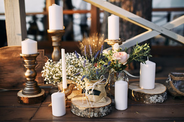 Wedding and party decoration display (flower, floral, candle, wood, etc.)