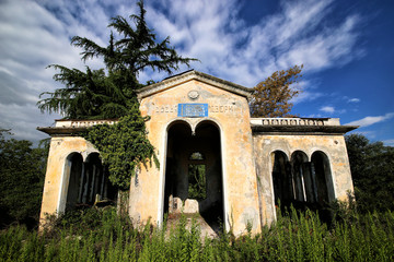 Sukhumi, Georgia - 09.19.2018: Abandoned building of the railway stop in Gulripsh village.