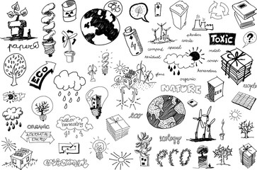 many hand drawn sketches of topics regarding nature nd environment and ecology and recycling and pollution