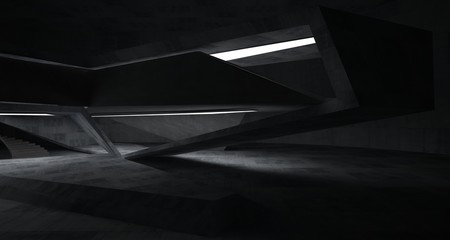 Abstract architectural concrete interior of a minimalist house with neon lighting. 3D illustration and rendering.