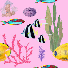 Hand drawn in watercolor sea world natural element. Corals reef fish seamless pattern on pink background