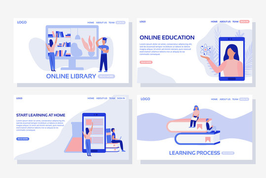 Online education web page concepts. Web page design templates set of online education, library, learning at home, learning process. Modern vector illustration designs for website development