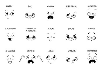face expressions with names for comic book, cartoon character isolated on white