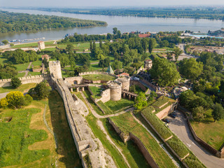 Aerial view to Kalemegdan fortress at Belgrade. Summer photo from drone. Serbia