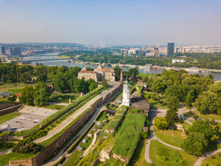 Aerial view to Kalemegdan fortress at Belgrade. Summer photo from drone. Serbia