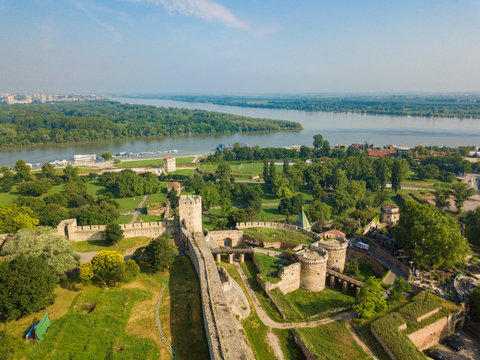 Aerial view to Kalemegdan fortress at Belgrade. Summer photo from drone. Serbia