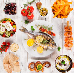 Greek food background. Traditional different greek dishes , top view. Close-up