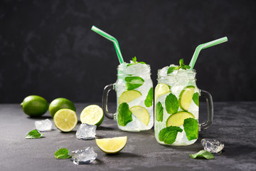 Two cold mojito in jars on a  black background.