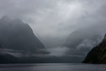 Milford sound. Fjordland. new Zealand. Fog. Misty