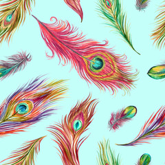 Fototapeta na wymiar Peacock feathers seamless pattern on turquoise background, bright watercolor print for fabric and other designs.