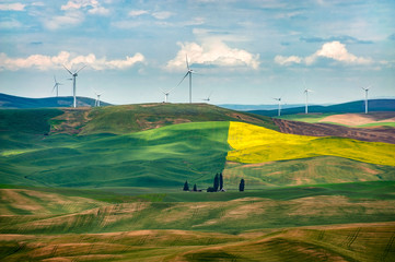 Wind Turbines Seen From Steptoe Butte State Park, Washington. Wind power on the Palouse, a...