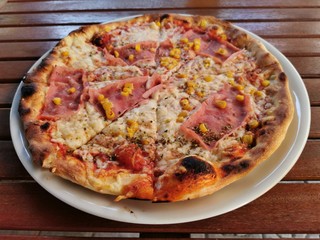 pizza with ham and corn