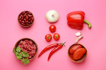 Ingredients for chili con carne on color background