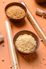 Assortment of spices on color background