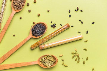 Assortment of spices on color background